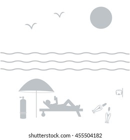 Nice picture on holiday by the sea: sun, waves, seagulls, beach umbrella, diving equipment and a man lying on a lounger on a white background