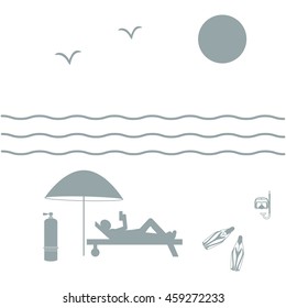 Nice picture on holiday by the sea: sun, waves, seagulls, beach umbrella, diving equipment and a man lying on a lounger on a white background