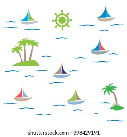 Nice picture on the marine theme with a steering wheel, palm trees and sailboats on white background