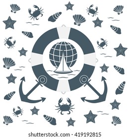 Nice picture on the marine theme: life preserver, anchor, boat, wave, crab, starfish, seashells on a white background