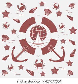 Nice picture on the marine theme: life preserver, anchor, boat, wave, crab, starfish, seashells on a white background
