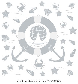 Nice picture on the marine theme: life preserver, anchor, boat, wave, crab, starfish, seashells on a white background