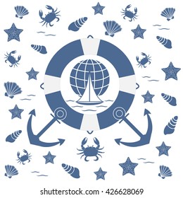 Nice picture on the marine theme: life preserver, anchor, boat, wave, crab, starfish, seashells on a white background