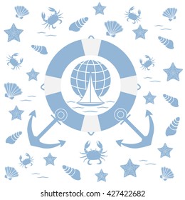 Nice picture on the marine theme: life preserver, anchor, boat, wave, crab, starfish, seashells on a white background