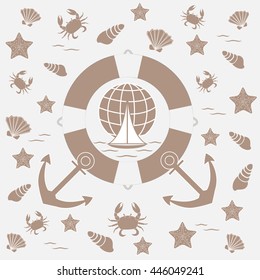 Nice picture on the marine theme: life preserver, anchor, boat, wave, crab, starfish, seashells on a white background