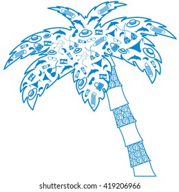 Nice picture: palm-filled contour silhouettes accessories for a beach holiday: hat, swimsuit, dolphin, drop, sunblock, camera, mat for the beach, sun glasses on a white background