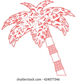 Nice picture: palm-filled contour silhouettes accessories for a beach holiday: hat, swimsuit, dolphin, drop, sunblock, camera, mat for the beach, sun glasses on a white background