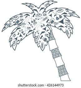 Nice picture: palm-filled contour silhouettes accessories for a beach holiday: hat, swimsuit, dolphin, drop, sunblock, camera, mat for the beach, sun glasses on a white background