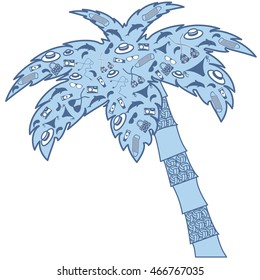 Nice picture: palm-filled contour silhouettes accessories for a beach holiday: hat, swimsuit, dolphin, drop, sunblock, camera, mat for the beach, sun glasses on a white background