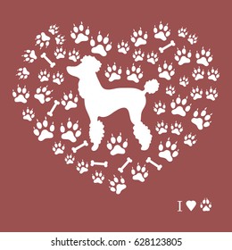 Nice picture of poodle silhouette on a background of dog tracks and bones in the form of heart on a colored background.