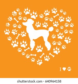 Nice picture of poodle silhouette on a background of dog tracks and bones in the form of heart on a colored background.