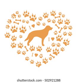 Nice picture of retriever silhouette on a background of dog tracks and bones in the form of heart on a white background.