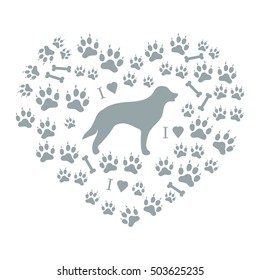 Nice picture of retriever silhouette on a background of dog tracks and bones in the form of heart on a white background.