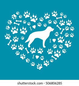 Nice picture of retriever silhouette on a background of dog tracks and bones in the form of heart on a colored background.