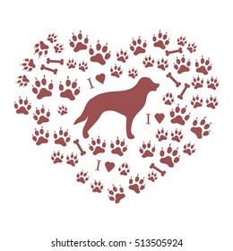 Nice picture of retriever silhouette on a background of dog tracks and bones in the form of heart on a white background.