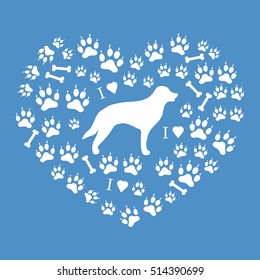 Nice picture of retriever silhouette on a background of dog tracks and bones in the form of heart on a colored background.