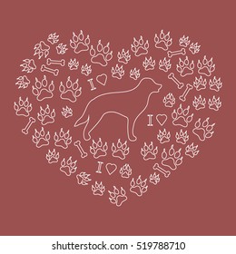 Nice picture of retriever silhouette on a background of dog tracks and bones in the form of heart on a colored background.