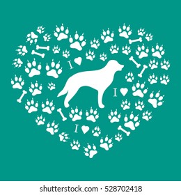 Nice picture of retriever silhouette on a background of dog tracks and bones in the form of heart on a colored background.