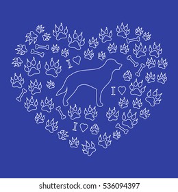 Nice picture of retriever silhouette on a background of dog tracks and bones in the form of heart on a colored background.