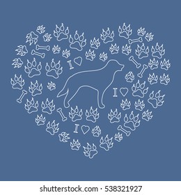 Nice picture of retriever silhouette on a background of dog tracks and bones in the form of heart on a colored background.