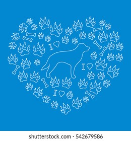 Nice picture of retriever silhouette on a background of dog tracks and bones in the form of heart on a colored background.