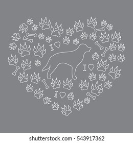 Nice picture of retriever silhouette on a background of dog tracks and bones in the form of heart on a colored background.