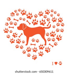 Nice picture of rottweiler silhouette on a background of dog tracks and bones in the form of heart on a white background.