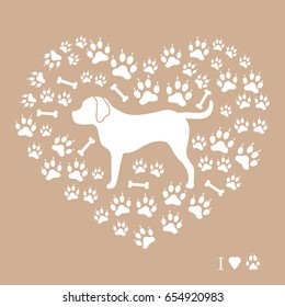 Nice picture of rottweiler silhouette on a background of dog tracks and bones in the form of heart on a colored background.