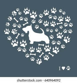 Nice picture of scotch terrier silhouette on a background of dog tracks and bones in the form of heart on a colored background.