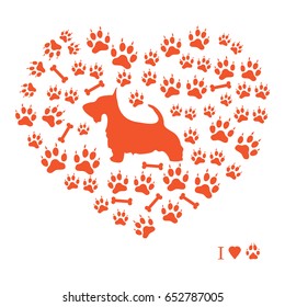 Nice picture of scotch terrier silhouette on a background of dog tracks and bones in the form of heart on a white background.