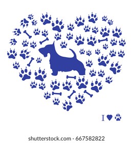 Nice picture of scotch terrier silhouette on a background of dog tracks and bones in the form of heart on a white background.