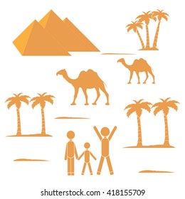 Nice picture showing love to travel: people and pyramids, palm trees, camels on a white background
