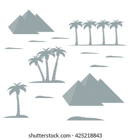 Nice picture showing love to travel: pyramids and palm trees on a white background