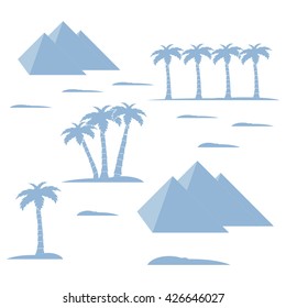 Nice picture showing love to travel: pyramids and palm trees on a white background