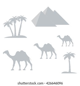 Nice picture showing love to travel: pyramids, palm trees, camels on a white background