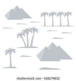 Nice picture showing love to travel: pyramids and palm trees on a white background