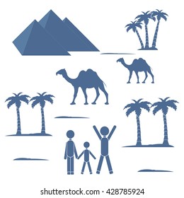 Nice picture showing love to travel: people and pyramids, palm trees, camels on a white background