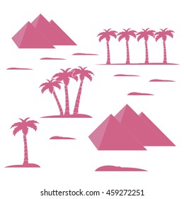 Nice picture showing love to travel: pyramids and palm trees on a white background