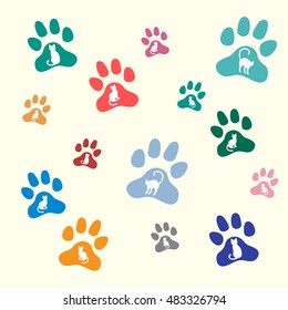 Nice picture of silhouette cats sit and stand inside multicolored animal traces on a light background.