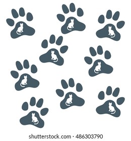 Nice picture of silhouette cats sit inside multicolored animal traces on a white background.