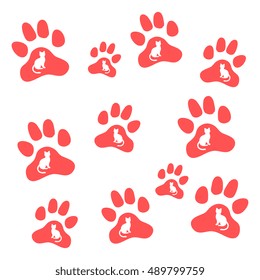 Nice picture of silhouette cats sit inside multicolored animal traces on a white background.