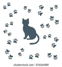 Nice picture of silhouette sitting cat and animal traces on a white background