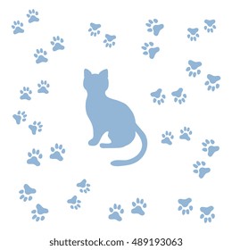 Nice picture of silhouette sitting cat and animal traces on a white background