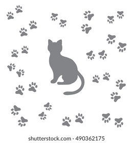Nice picture of silhouette sitting cat and animal traces on a white background