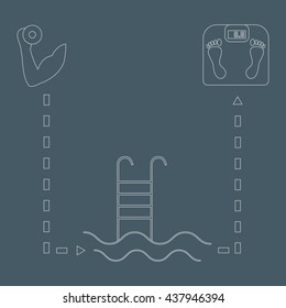 Nice picture of the sport lifestyle: hand with dumbbells, barbells, swimming pool and scales on a color background
