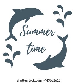 Nice picture with two colored dolphins with splashes and inscription Summer time on white background