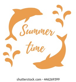 Nice picture with two colored dolphins with splashes and inscription Summer time on white background