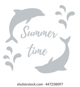 Nice picture with two colored dolphins with splashes and inscription Summer time on white background