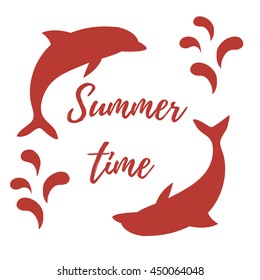 Nice picture with two colored dolphins with splashes and inscription Summer time on white background