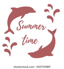 Nice picture with two colored dolphins with splashes and inscription Summer time on white background